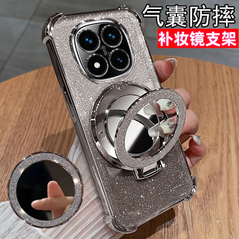 Suitable for Redmi Note Series Glitter Phone Case Anti-Fall Case Note13 with Makeup Mirror and Lens Film Protective Cover