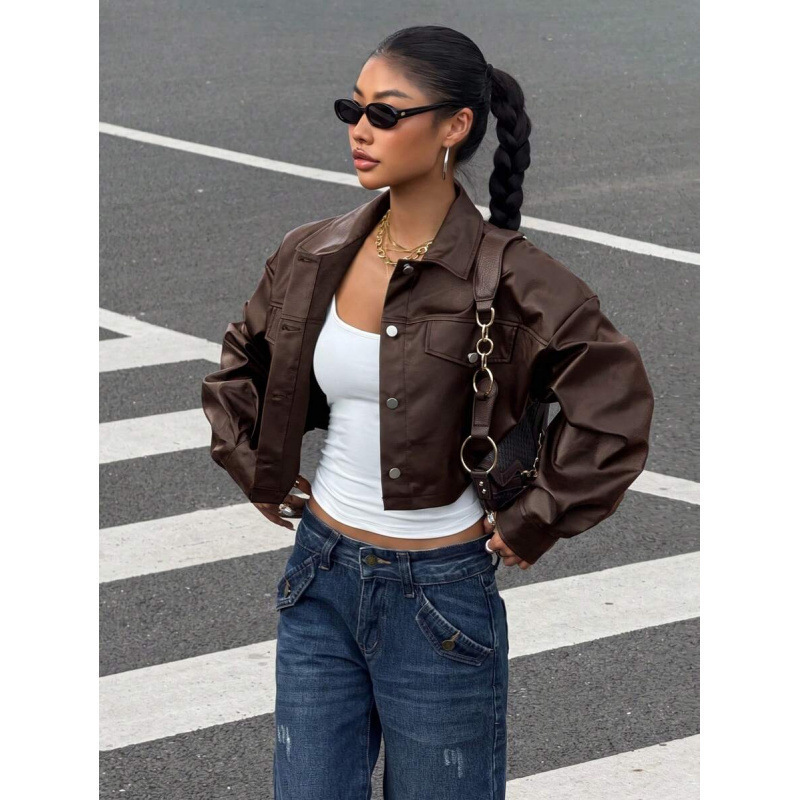 Cross-border Amazon European and American style minimalist short PU leather long-sleeve jacket for women, 2026 autumn new fashion and elegant outerwear Cross-border Amazon European and American style minimalist short PU leather long-sleeve jacket for women, 2026 autumn new fashion and elegant outerwear