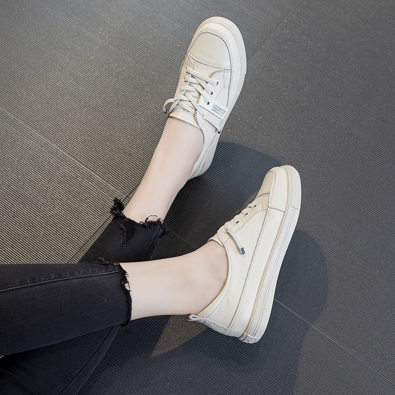 Cowhide White Shoes for Women 2025 Spring and Autumn Soft-Soled Large Size Women's Shoes Casual Low-Top Women's Flat Sneakers Classic Style