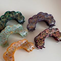 Zhuma Qingci~レトロな中世スタイルの緑の花びらヘアクリップ、酢酸中国風サメヘアクリップ