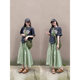 Summer clothes with age-reducing wear a set of fashionable summer dopamine green striped half-length skirt two-piece suit
