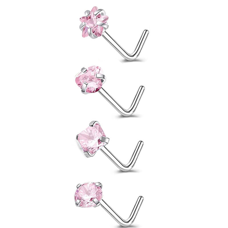Titanium Steel Curved Stud Five-Pointed Star Square Heart L S Rod Ring Mini Inlaid Stone Girl Facial Nose Jewelry_voghion.com