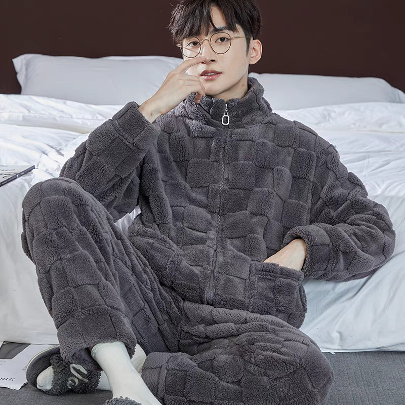 Flannel Pajamas Men's Autumn and Winter New Thickeneded Warm Stand-Up Collar Zipper Can Be Worn Outside Coral Velvet Home Clothes Set