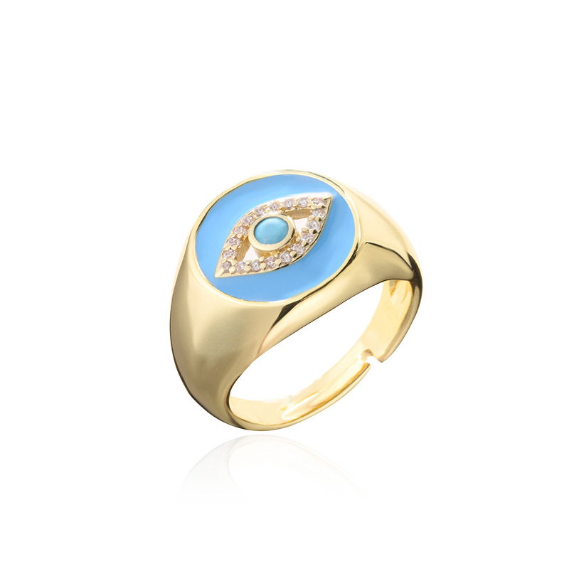 Aogu Cross-border Supply European And American Fashion New Copper Plating 18k Gold Dripping Zircon Devil's Eye Open Ring display picture 6