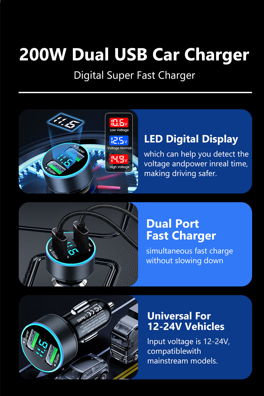 Multi-port with digital display support super fast charging 6/8 port with voltage vehicle-mounted one-to-six/8-car fast charging cross-border