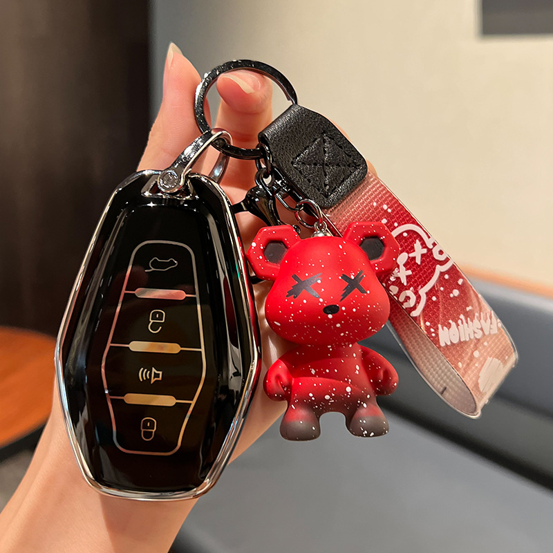 Jietu C-스마트 4 키 [싱글 쉘 블랙] + 레드 폭력 곰 펜던트