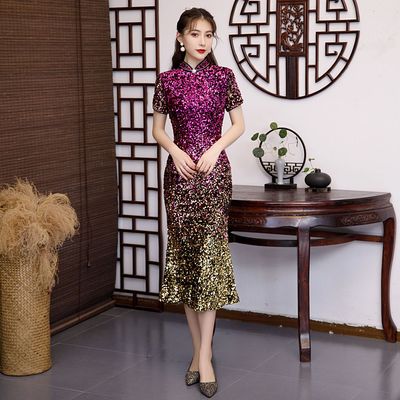 Purple sequins gradient chinese dress qipao for women girls catwalk meimaid cheongsam elegant cheongsam morality improvement performance stage