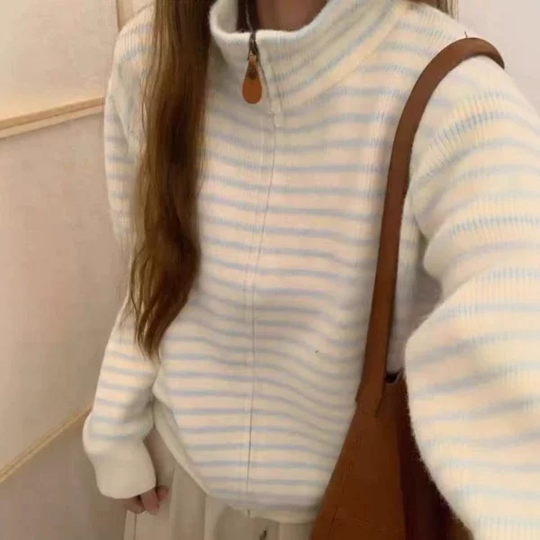 Kaning Korean-Style Design Color-Block Striped Knit Cardigan 2026 Autumn and Winter New Stand Collar Zipper Sweater Jacket