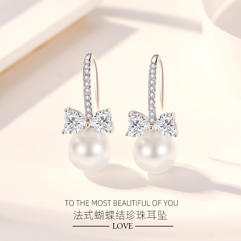 Moda plata 925 pendientes diamante estilo coreano arco perla pendientes de las mujeres estilo francés elegante pendientes de lujo ligero estilo al por mayor