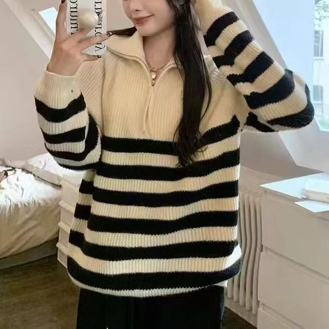 Maillard Laid-back Loose Soft Waxy Sweater Women's Winter Gentle Half-turtleneck Zipper Striped Pullover Sweater