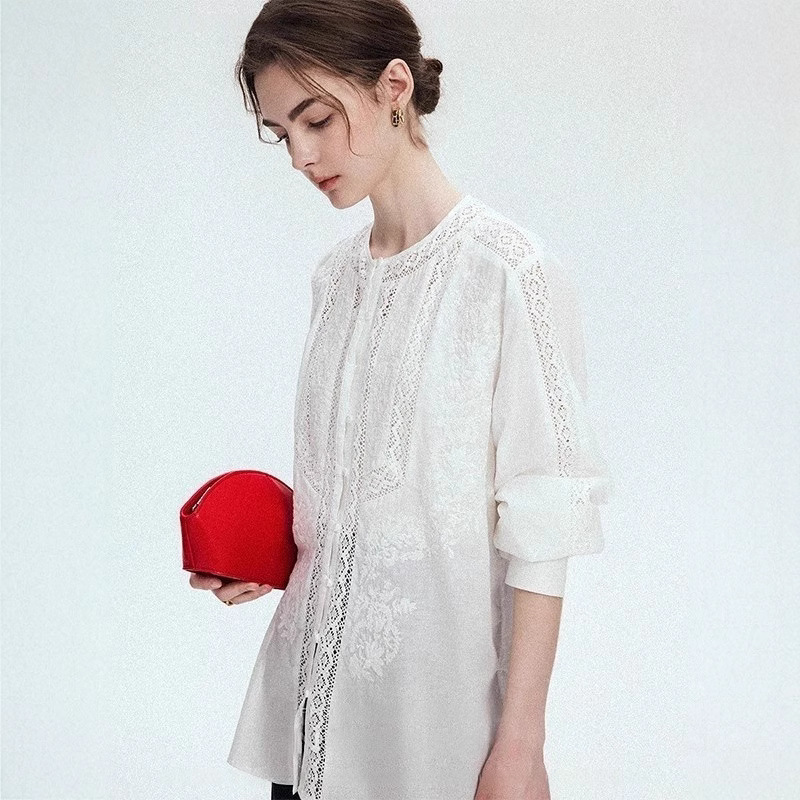 2026 Nanyou Super Popular New French Style Long Sleeve White Lace Shirt Women's Top Summer Thin Vintage Artistic Style