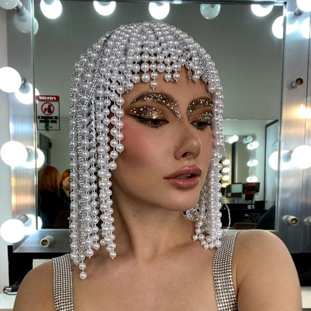 Amazon hot selling pearl headdress European and American exaggerated high sense tassel hair accessories party dance accessories headwear