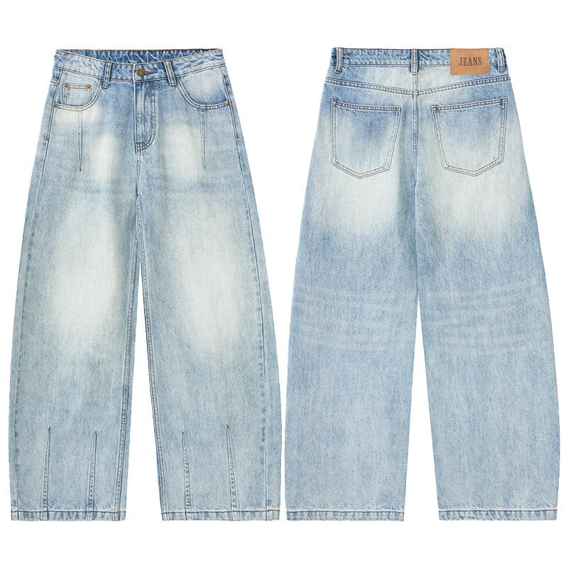 Lktm Men's American High Street Light Blue Slub Denim Jeans Unisex Trendy Brand Slimming Loose Long Pants