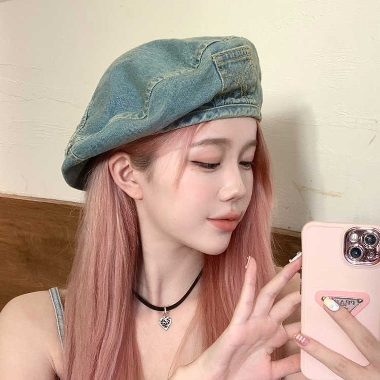 韩版秋季网红复古水洗牛仔贝雷帽女时尚百搭大头围显脸小画家帽女|undefined