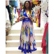 卡亚特服装新款收腰显高瘦超大摆涂鸦雪纺V领连衣裙非洲女装大码