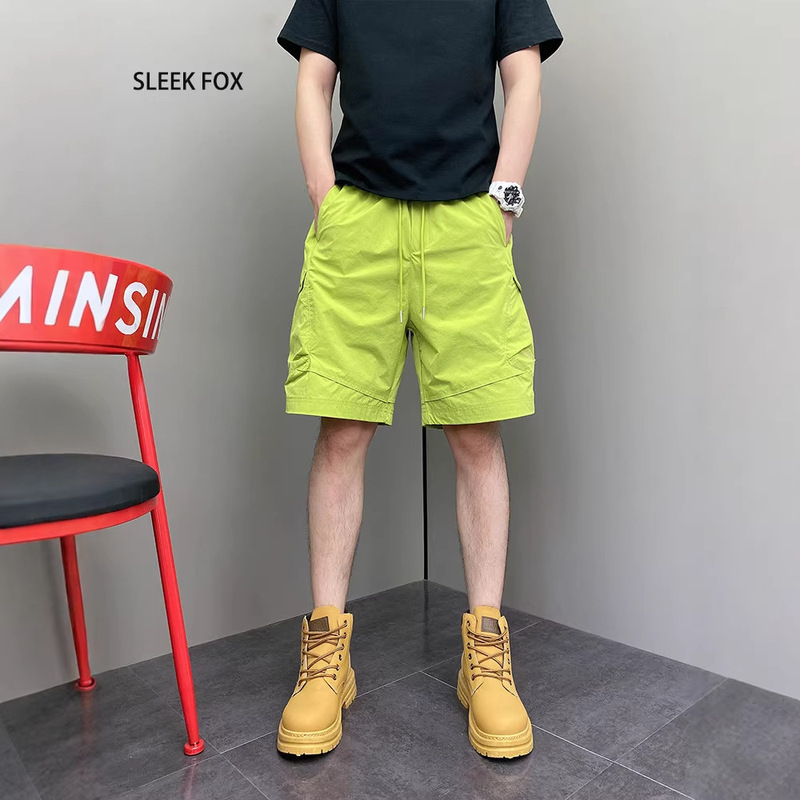 Dopamine Fluorescent Green Drawstring Waist Shorts Summer Thin Outdoor Beach Shorts Slimming Men's Trendy Fashion