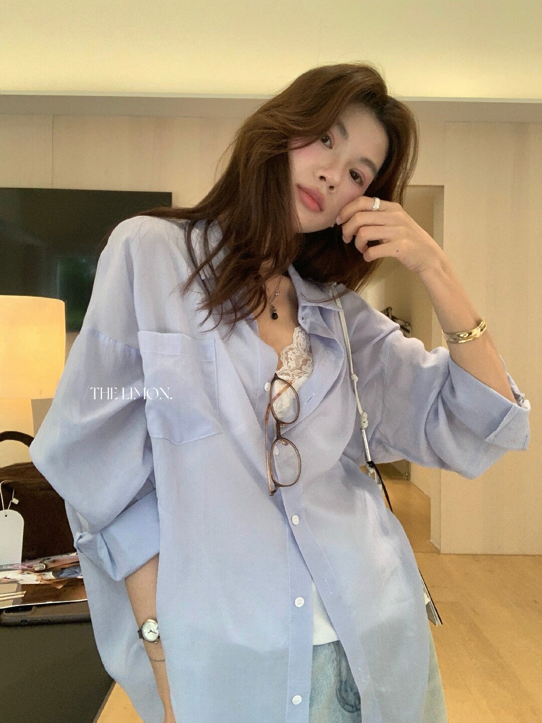 Áo sơ mi nữ tay dài chất liệu tencel phong cách lười biếng ấm áp — Vàng nhạt, xanh lam, Xanh lá cây nhạtcolor, màu hồng chi tiết 4