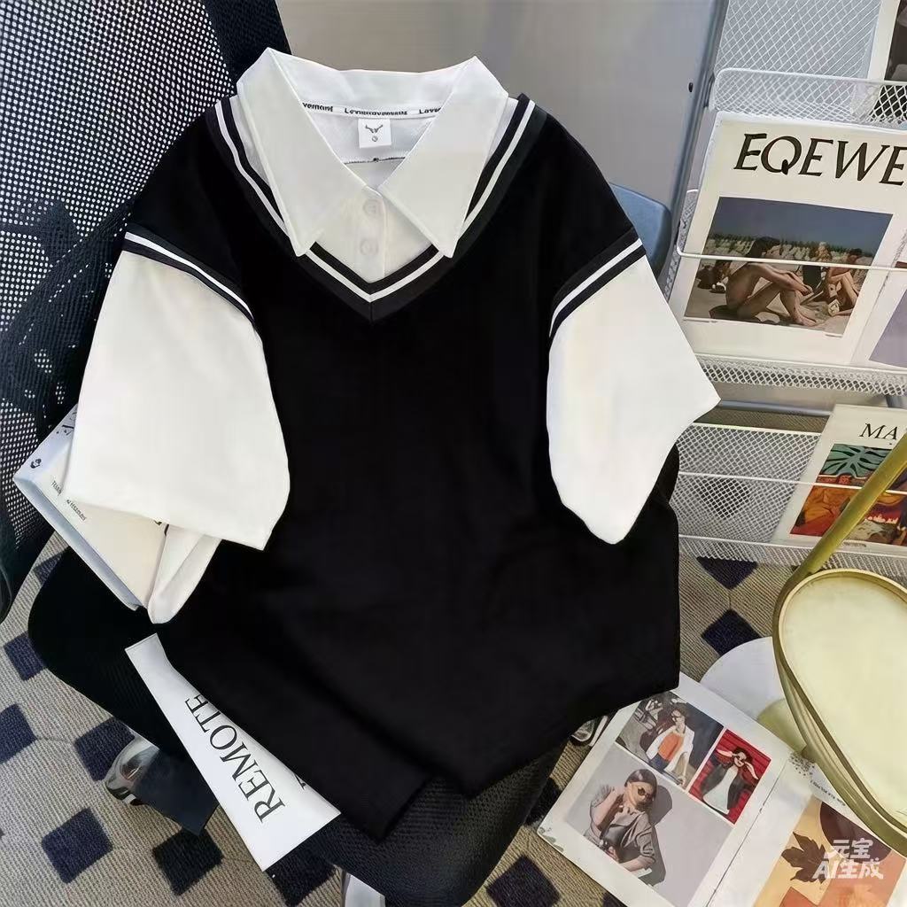 2026年polo领短袖t恤男女夏装新款学生学院风假两件宽松上衣ins