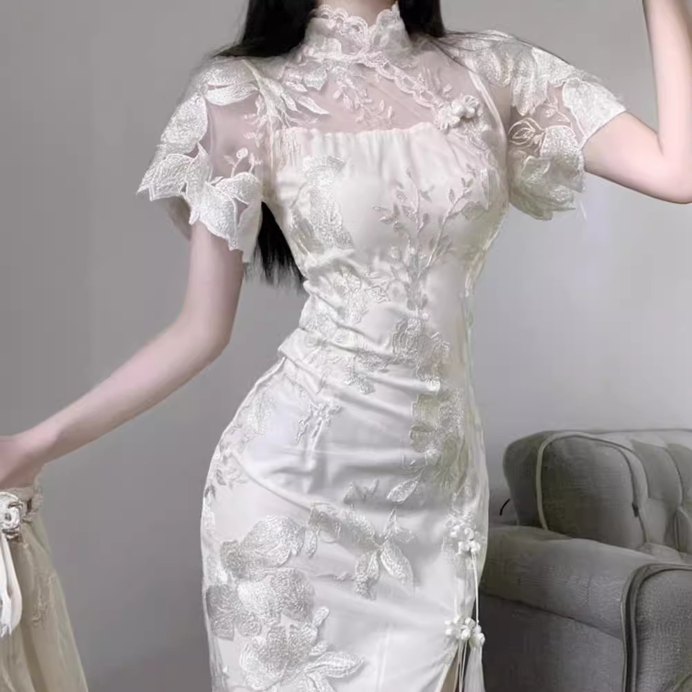 新中式国风改良旗袍法式复古高级性感包臀气质白色蕾丝连衣裙女夏