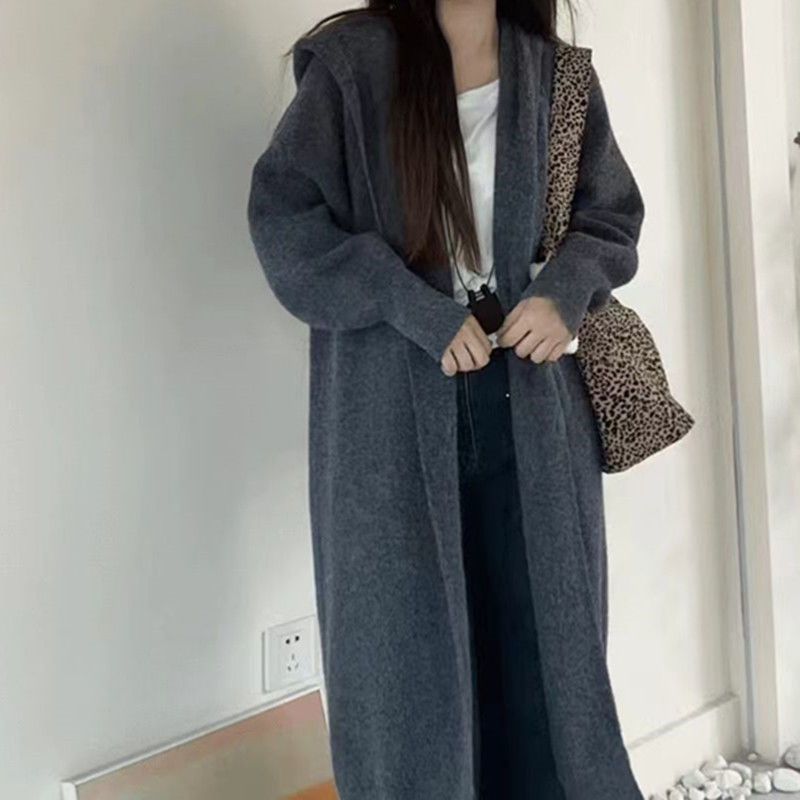 新款慵懒风连帽长款过膝加厚针织中长款开衫秋冬毛衣宽松外套大衣|undefined