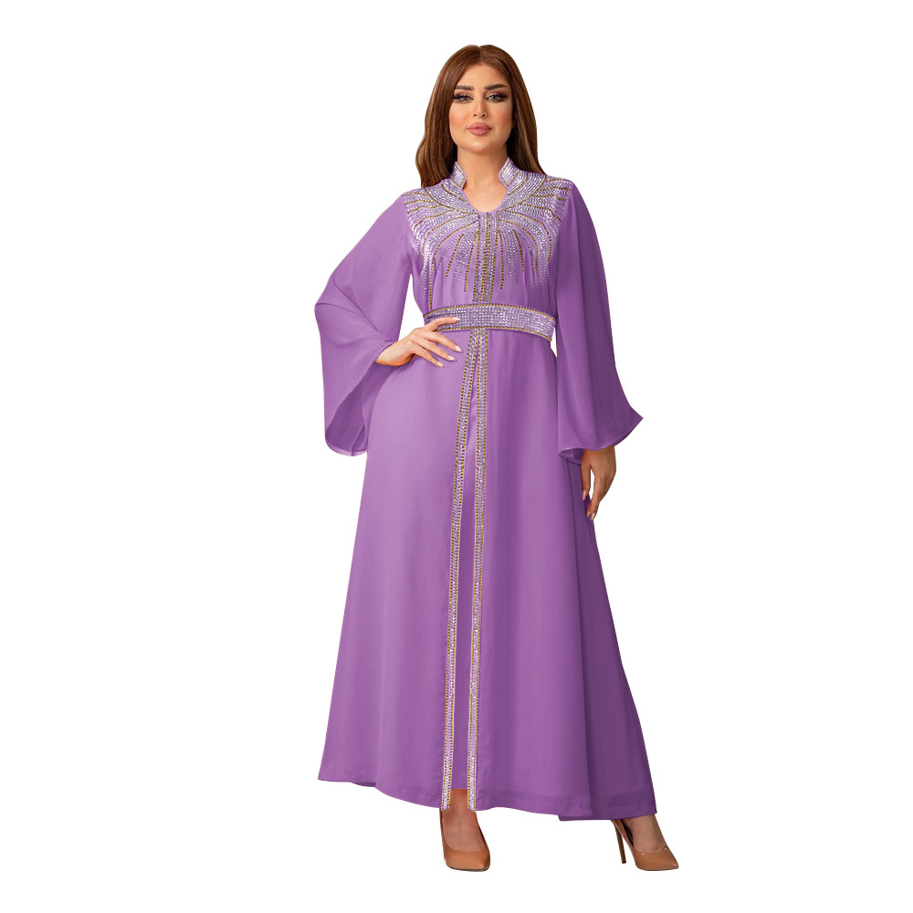 XQY500090 外贸阿拉伯长袍 中东kaftan时尚烫钻含腰带雪纺礼服裙详情15