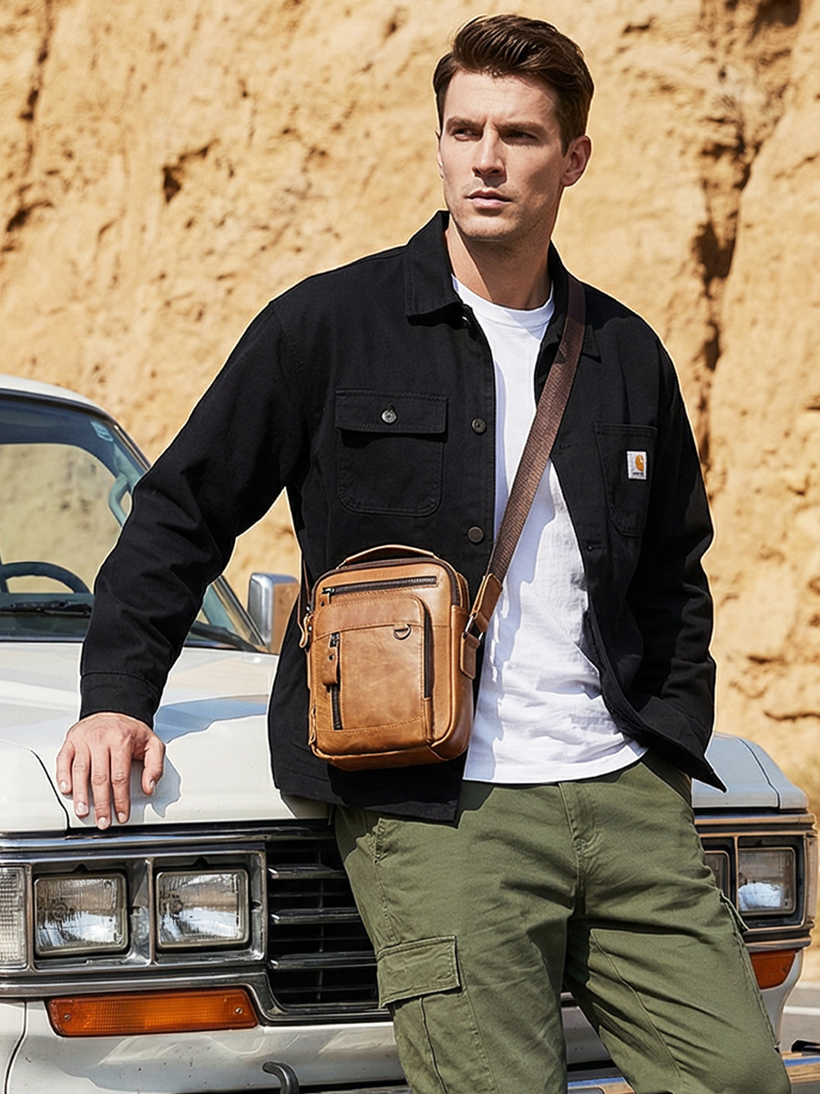 Bolso Bandolera de Piel de Vaca para Hombre, Piel de Vaca de Primera Capa, Multifuncional, para Trabajo