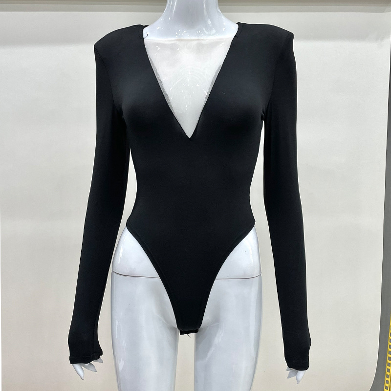Venta caliente transfronteriza europea y americana ropa de mujer sexy cuello en V malla costura perspectiva moda hombrera temperamento de manga larga mono mujer