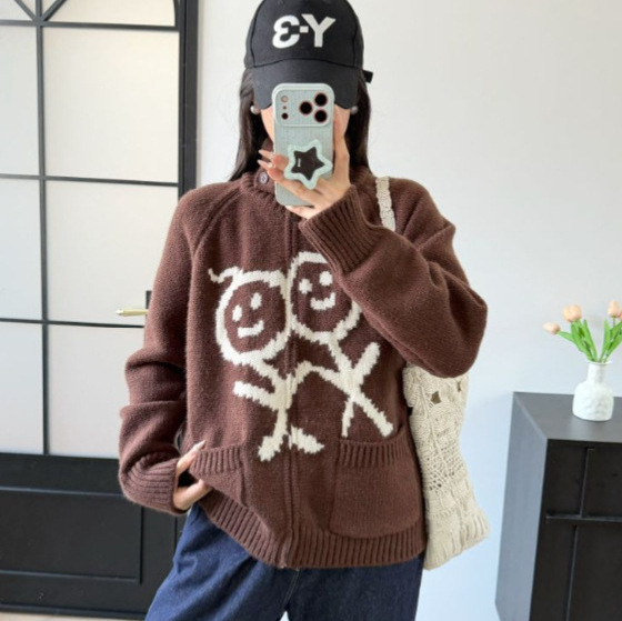 高级感宽松慵懒针织火柴人毛衣外套       0921i09