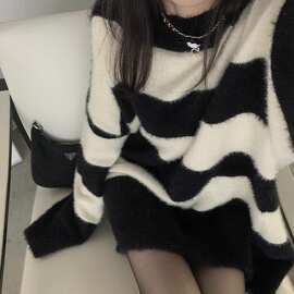 美式复古慵懒风不规则条纹宽松水貂毛衣oversize甜飒风针织衫上衣