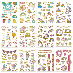 新款跨境防水兒童紋身貼 卡通兒童獨角獸手臂燙金紋身貼紙 tattoo