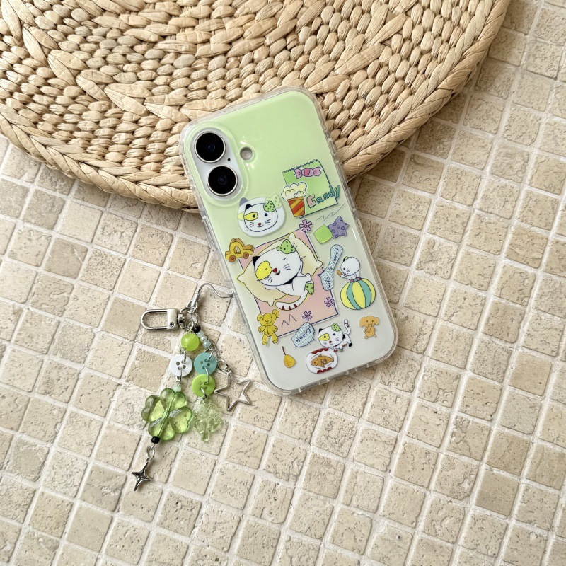 Divertida ilustración de gatito verde lindo para Apple 15/14 funda para teléfono iphone16ProMax femenino 15Pro