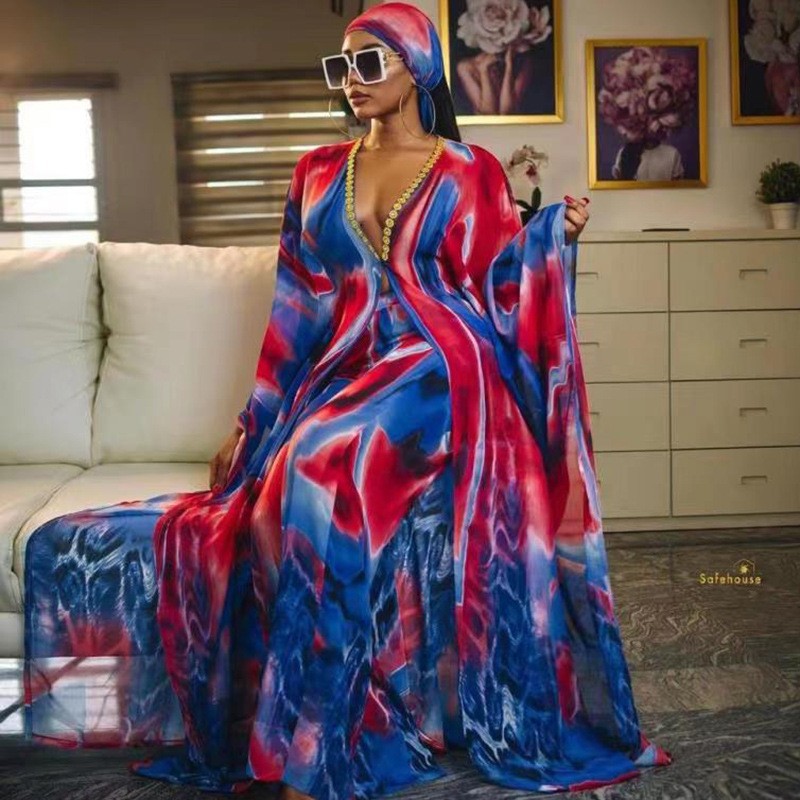 2025 vestido nuevo transfronterizo de primavera para mujer africana de gasa de Amazon vestido largo con temperamento estampado en V profundo de talla grande image 7