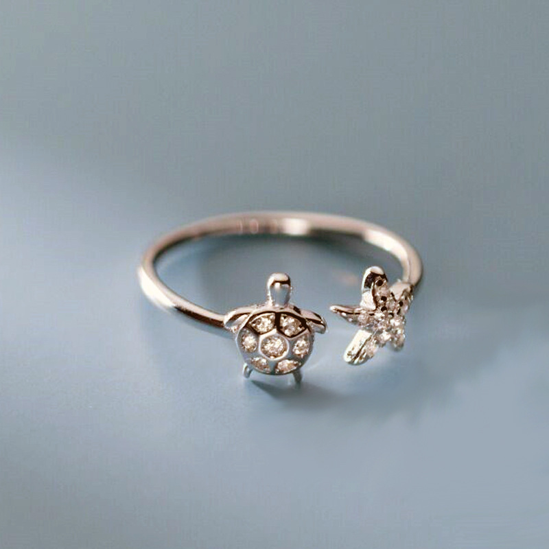 Silver Plated Plating Cute Tortoise Star Copper Inlay Zircon Silver Plated Open Rings