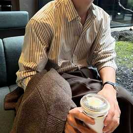 MYQ慵懒风条纹长袖衬衫男士春季宽松休闲衬衣韩版潮流翻领外套