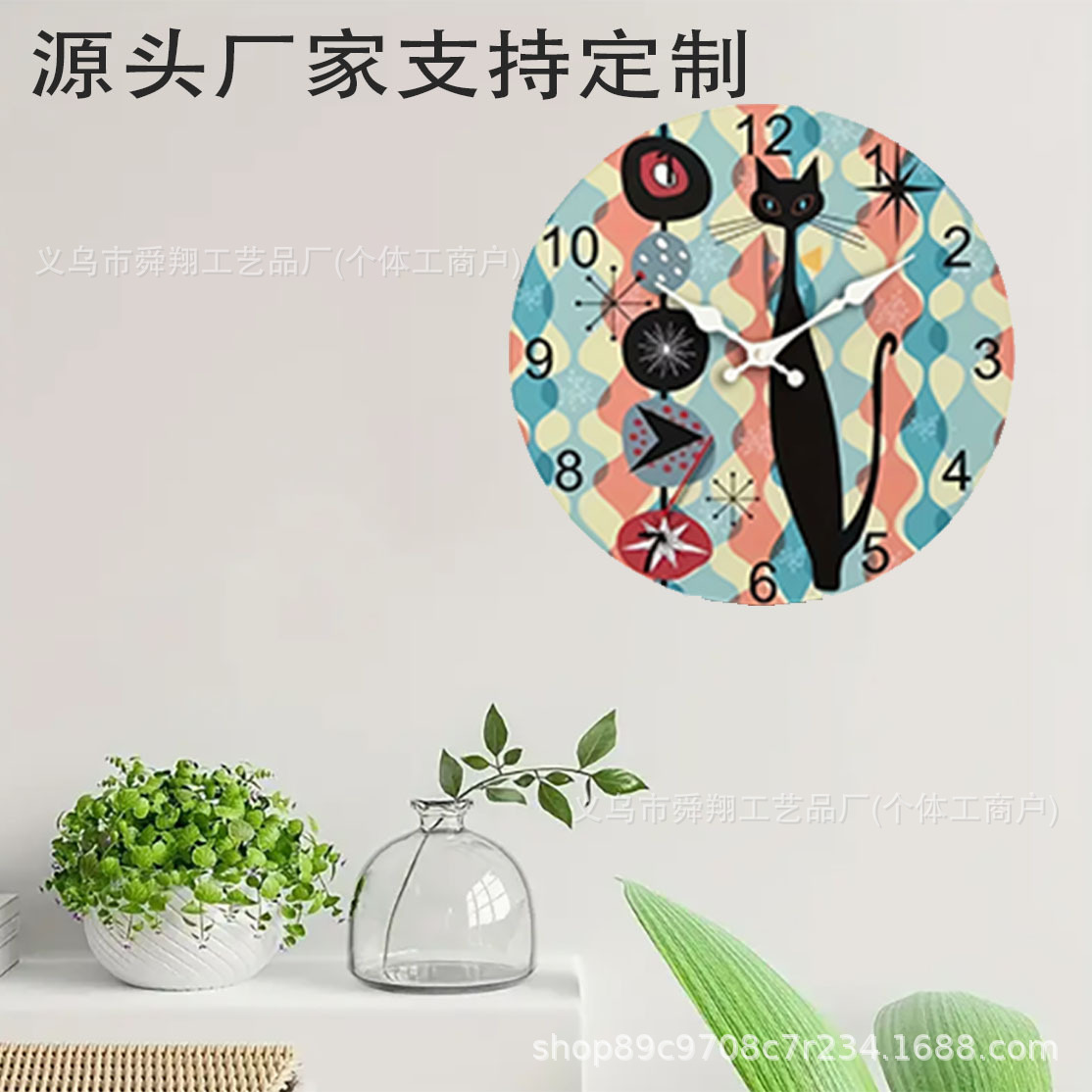 12inch New Wooden Cat Silent Living Room Bedroom Clock Creative Home Punch-Free Clock Factory Wholesale
