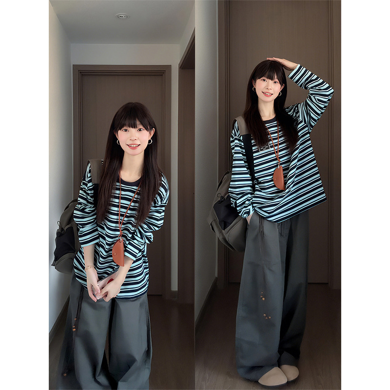 Official cotton striped long-sleeve t-shirt for women, thin style, 2026 autumn new model, loose round-neck Korean-style top Official cotton striped long-sleeve t-shirt for women, thin style, 2026 autumn new model, loose round-neck Korean-style top