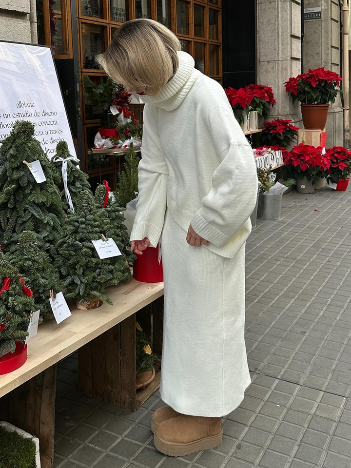 Bộ đầm áo len cổ cao dài tay phối chân váy dài dệt kim form rộng nữ — 50% Visco, 30% Polyester, 20% Nylon, Màu trắng be, Màu xanh lam, Màu xám chi tiết 8
