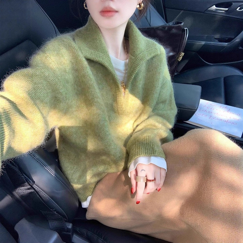 Old Money Style Simple Elegant Lapel Knitwear Women's Autumn and Winter New Knitwear Fashionable Age-Reducing Long-Sleeved Top Green