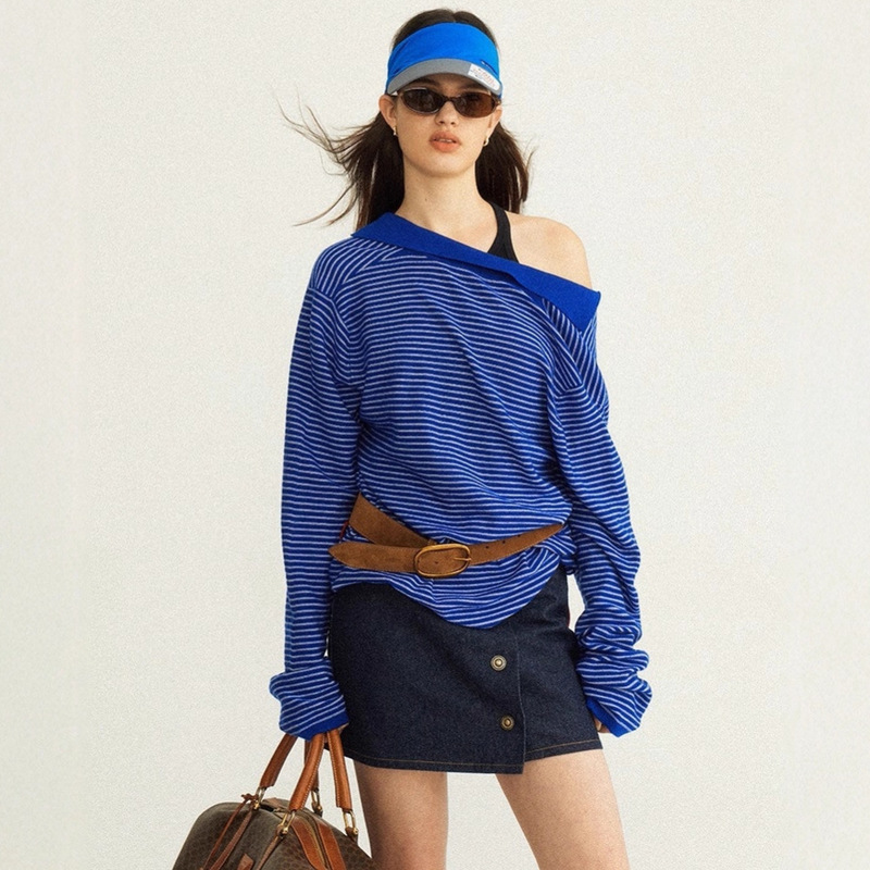 Jessica90 High-Count Wool Yarn Navy Blue Strip Deep V Neck Polo Knitwear