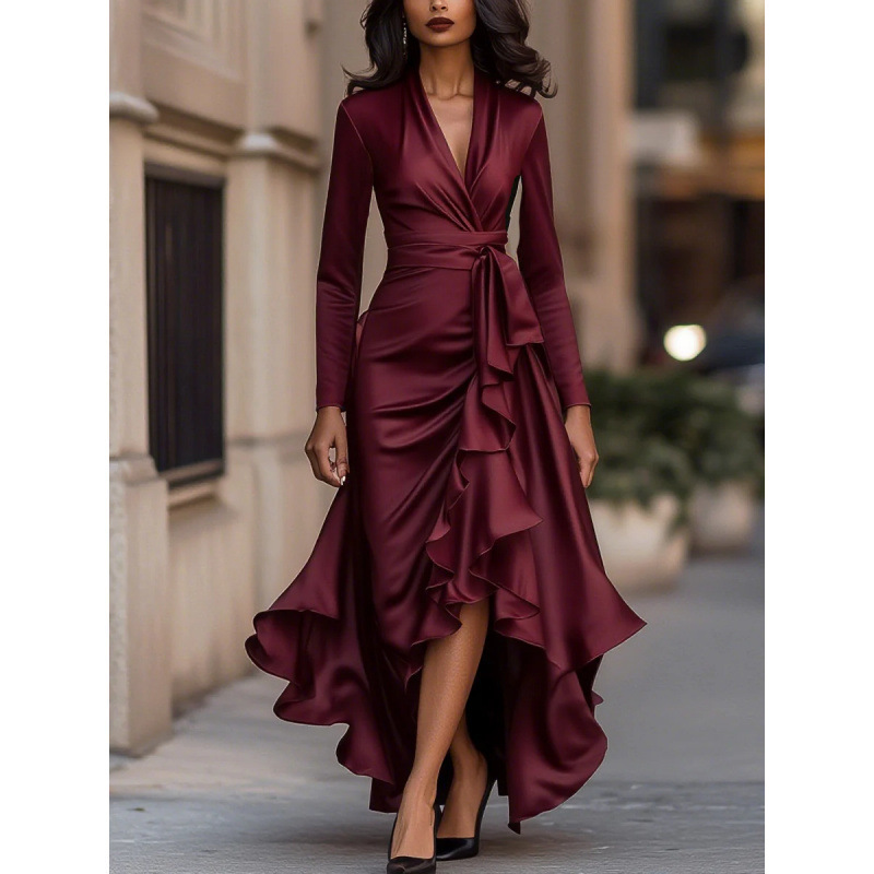 European and American Independent Station New Cross-Border Satin V Neck Waist Ruffled Elegant Dress