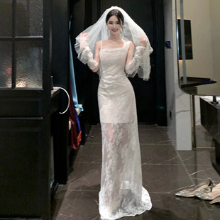 復古輕婚紗蕾絲森系吊帶新娘晨袍女訂婚宴會生日禮服魚尾出門紗裙