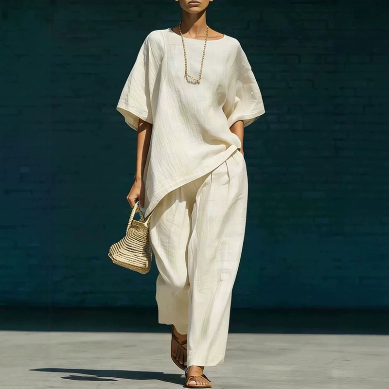 2026 Summer New European and American Cross-Border Style Women's Simple Linen Blend Loose Irregular Shirt and Wide-Leg Pants Set 2026 Summer New European and American Cross-Border Style Women's Simple Linen Blend Loose Irregular Shirt and Wide-Leg Pants Set