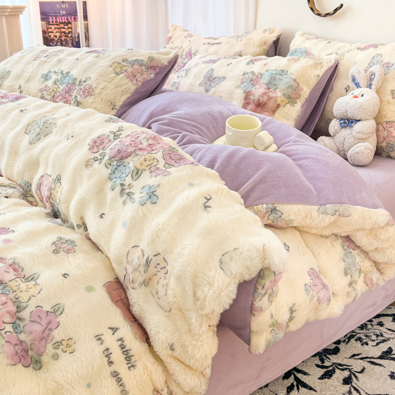 2024 nuevo traje de cuatro piezas de felpa de conejo de invierno más terciopelo de lana de leche franela de coral funda de edredón sábana de invierno