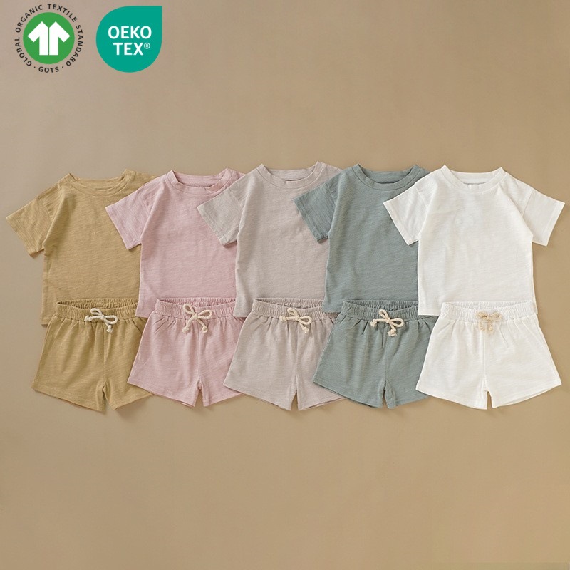 Export children's short-sleeved set, organic cotton baby T-shirt, summer baby pullover, ins style, for toddlers and preschoolers