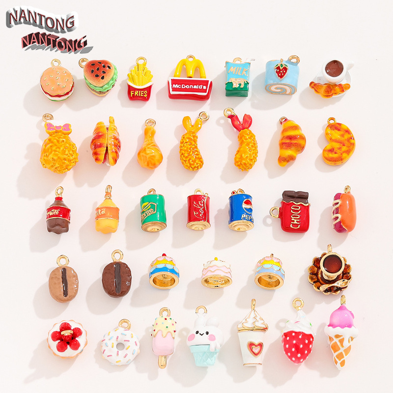 Alloy Hand-Painted Hamburger Coffee Donut Pendant DIY Handmade Bracelet Earrings Jewelry Food Charm