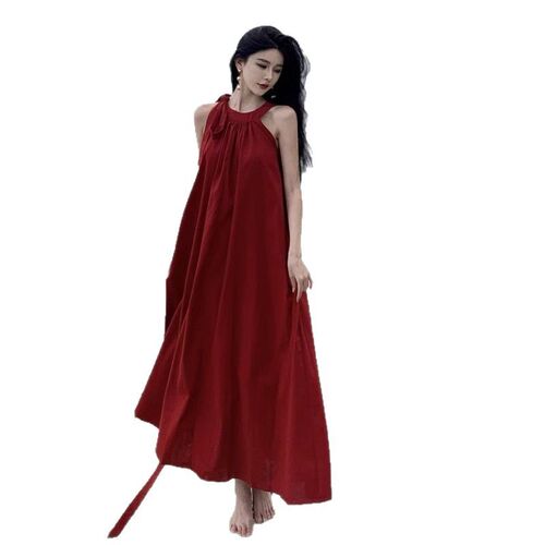 Double pockets design, holiday style, sleeveless red dress, women's 2025 new summer seaside lace long dress