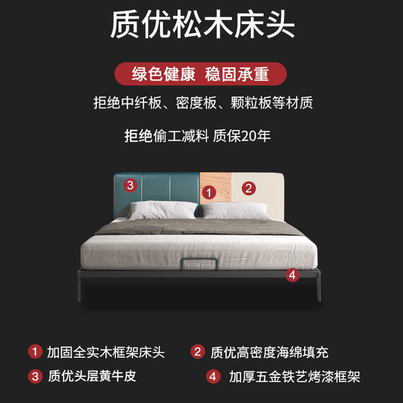 Cama doble de cuero genuino minimalista italiana Yihai Xuan de 1.5m, cama nórdica suave de 1.8m, cama de matrimonio sencilla estilo ins, estilo ligero de lujo