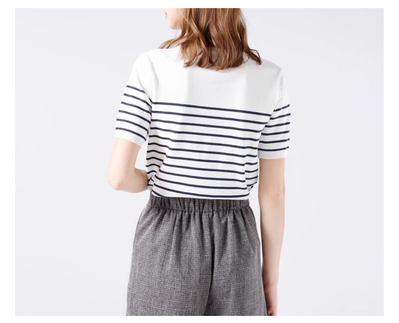 夏季黑白撞色条纹针织衫圆领休闲打底衫简约白色短袖t恤上衣女 pic 13