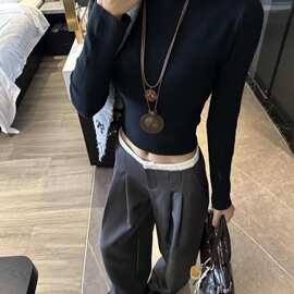 设计感拼接休闲西装裤女春季新款直筒阔腿裤宽松垂感显瘦拖地长裤