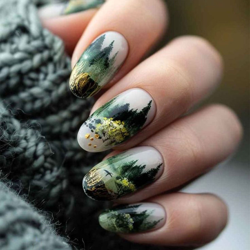 Cross-Border Green Ink Forest Style Wearable Nail Tips, Medium Size, Ins-Style, European and American Style Wearable Nail Tips Wholesale Cross-Border Green Ink Forest Style Wearable Nail Tips, Medium Size, Ins-Style, European and American Style Wearable Nail Tips Wholesale